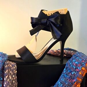 Black Satin Ankle Strap Stiletto Heels by The Touch Of Nina, Size 10